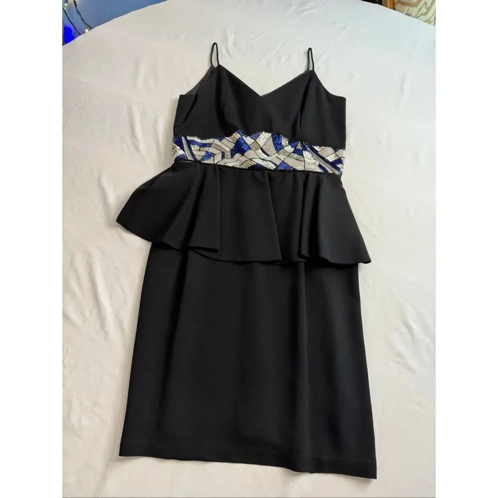 A.J. Bari Black Peplum Cocktail Dress Blue Silver Beaded Waist Party Size 10